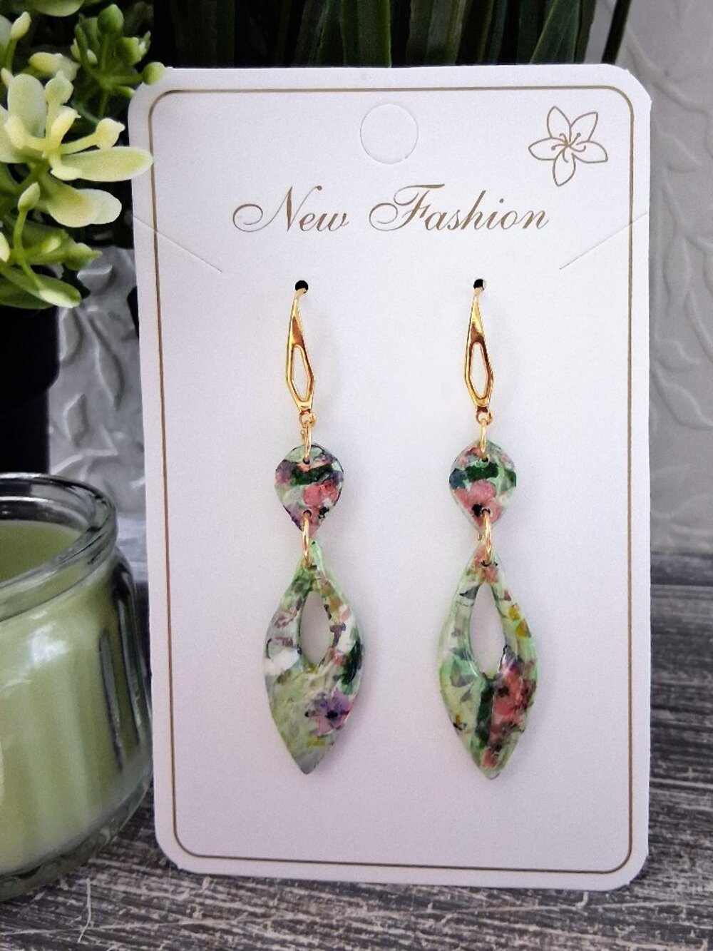 ❤️ Handmade Polymer Clay Dangle Earrings – Gold Accent | Green Floral Statement